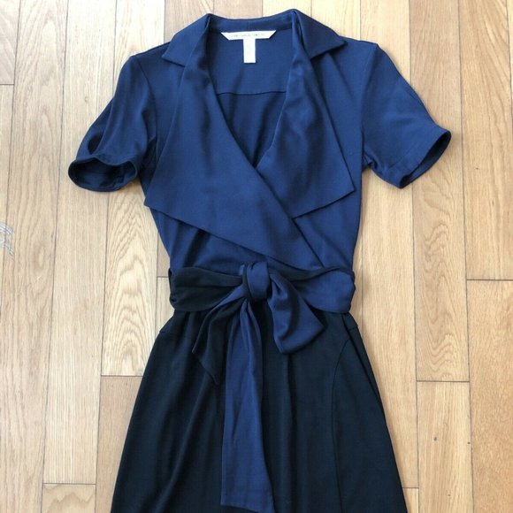 DVF FAUX WRAP NAVY BLACK RIBBON DRESS - Picture 1 of 3
